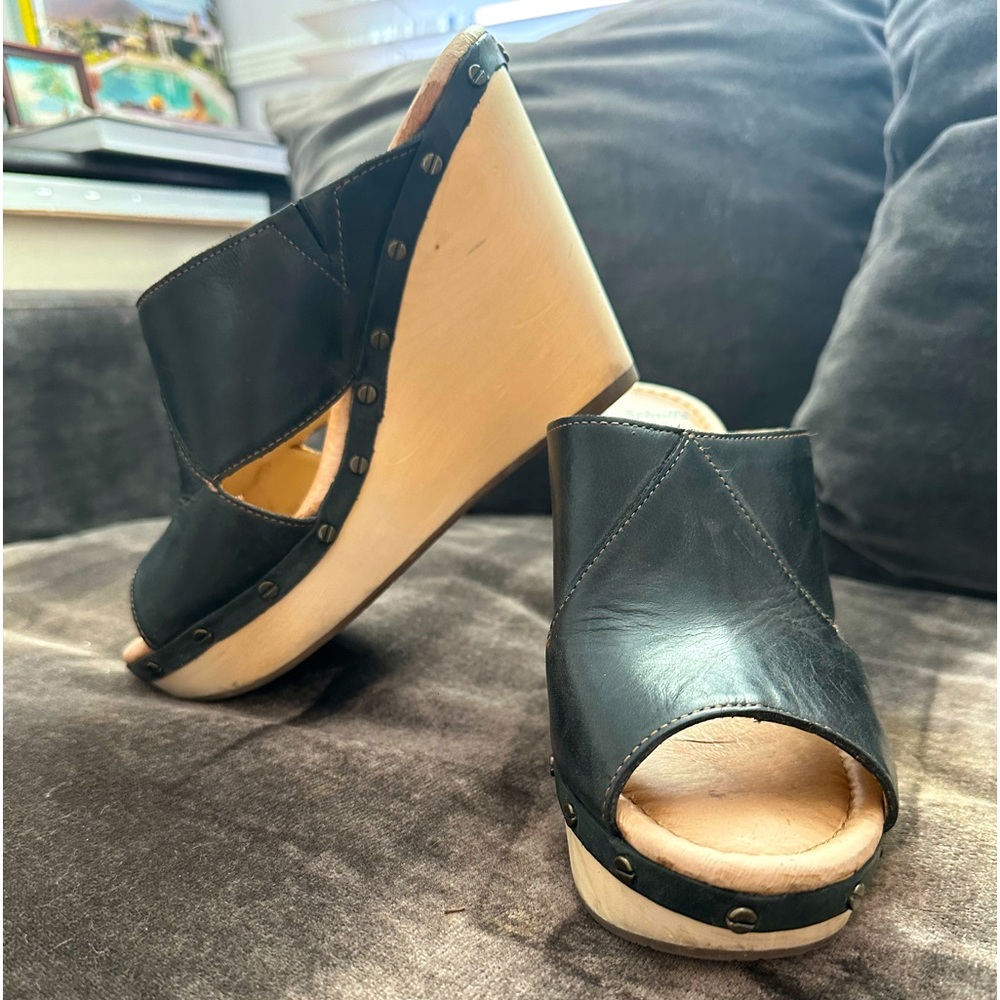 Dr. Scholl’s Black Leather Wooden Wedge Mule / Slide / Clog size 8, 7.5